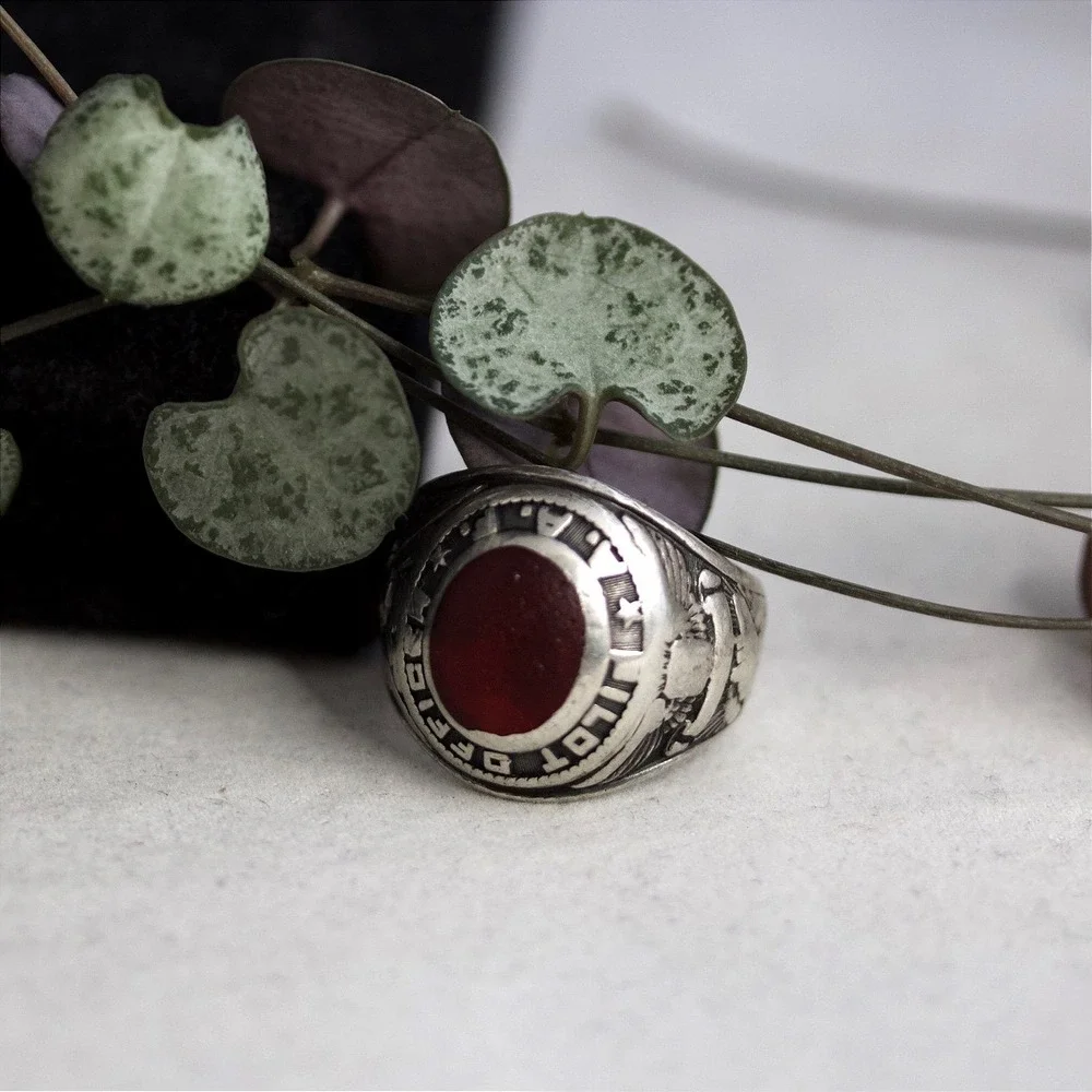 Vintage AAF Pilot Officer Sterling Silver Red Stone Signet Ring HJ Size 9.5